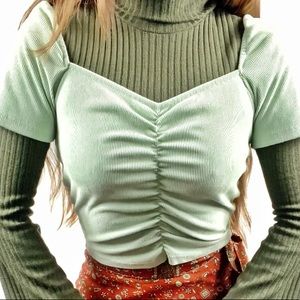 Pull & Bear Cropped Square Neck Top - Pastel Green